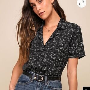 Good Luck Charm Black Polka Dot Short Sleeve Button-Up Top
Lulus
